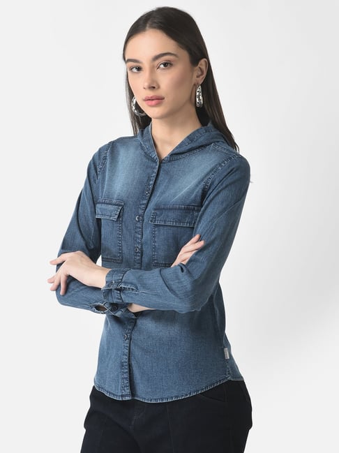 Allegra K Women's Jeans Long Sleeve Button Down Distressed Frayed Denim  Shirt : Target