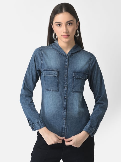 Buy Blue Denim Western Shirt With Embroidered Neck Piece Online - W for  Woman