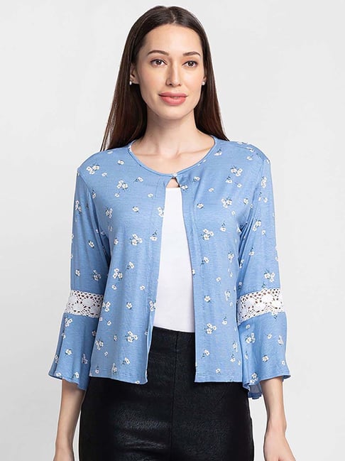 Globus Blue Cotton Floral Print Shrug