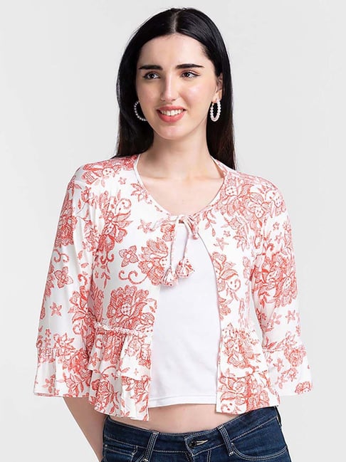 Globus White & Orange Cotton Floral Print Shrug