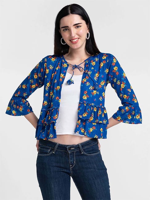 Globus Blue Cotton Floral Print Shrug