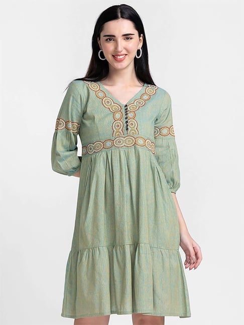 Globus Green Cotton Embroidered A-Line Dress Price in India
