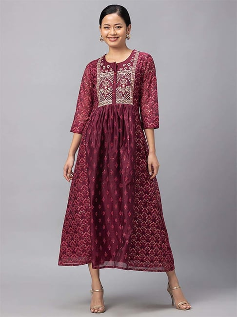 Globus Maroon Embroidered A-Line Dress Price in India