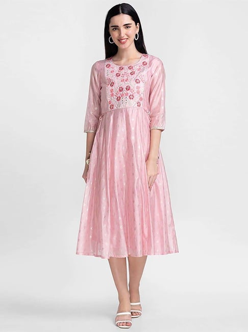 Globus Pink Embroidered A-Line Dress Price in India