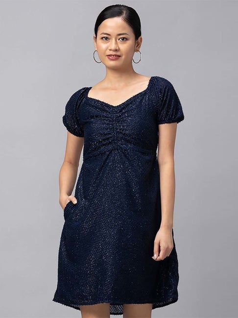 Globus Navy Embellished A-Line Dress Price in India