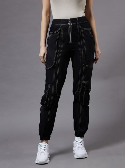 Miss Chase Black Cotton Relaxed Fit Paneled Joggers-picture-24