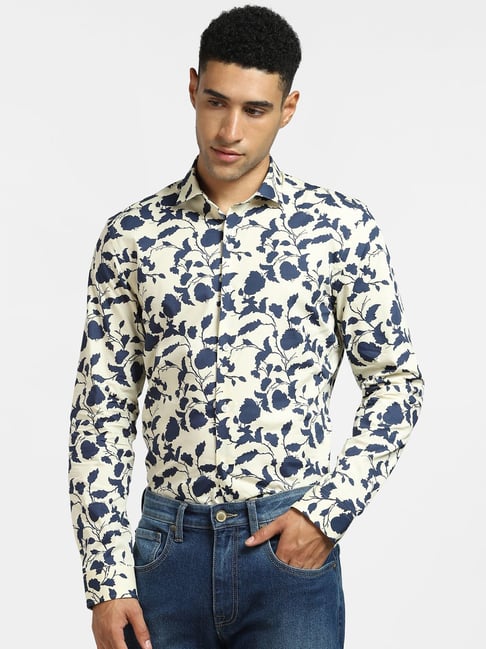 Jack & Jones Beige Cotton Slim Fit Floral Print Shirt