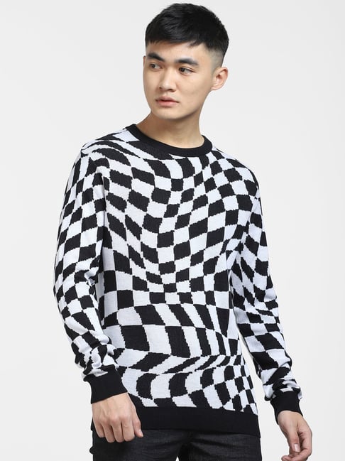 Jack & Jones Black & White Cotton Regular Fit Printed Sweater