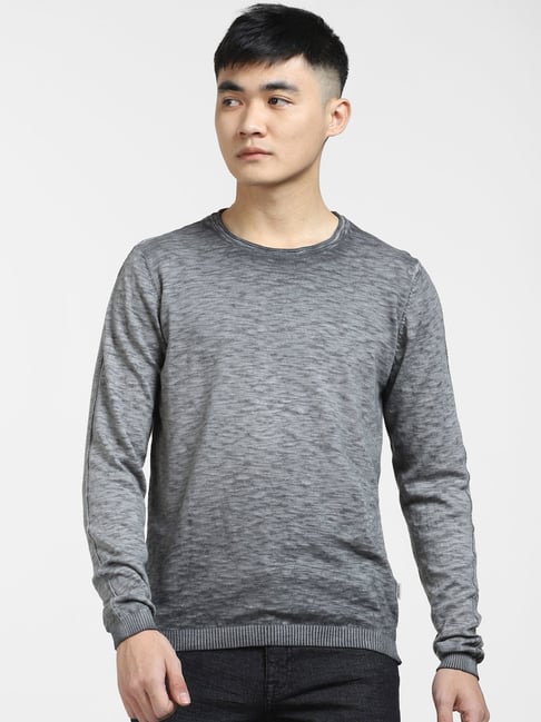 Jack Jones Dark Grey Cotton Regular Fit Printed Sweater