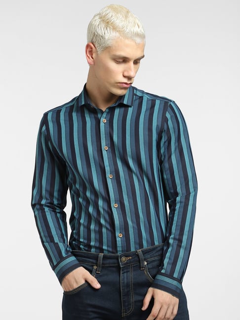 Jack & Jones Blue Cotton Slim Fit Striped Shirt