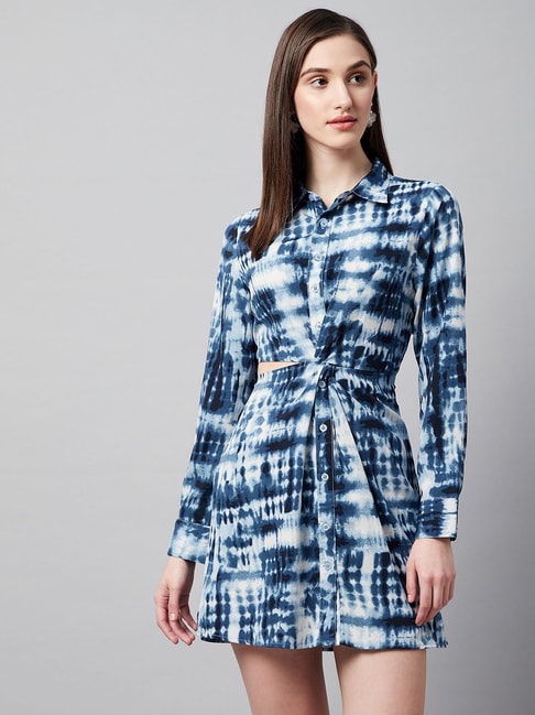 Rare Blue & White Tie - Dye Cut-Out Shirt Dress Price in India