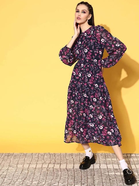 Melon by PlusS Navy Floral Printed A-Line Dress Price in India