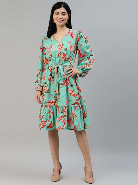 Melon by PlusS Blue Floral Printed A-Line Dress Price in India