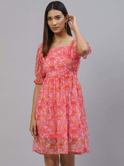 Melon by PlusS Pink Floral Printed A-Line Dress Price in India