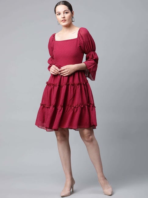 Melon by PlusS Maroon Self Pattern A-Line Dress Price in India