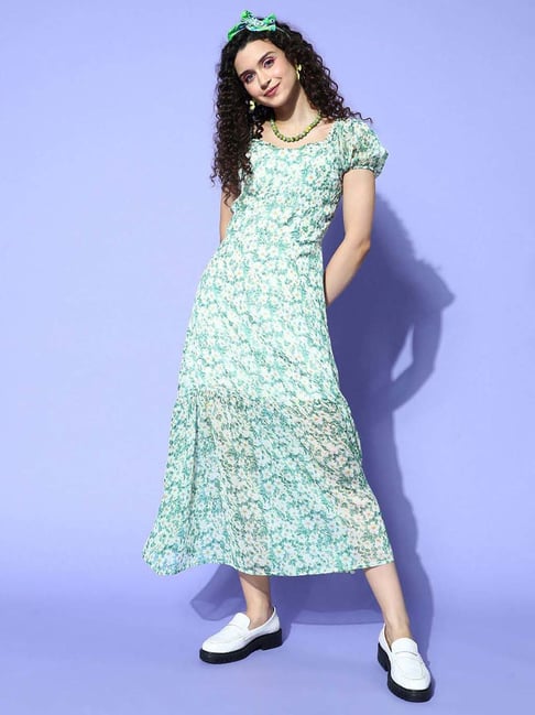 Melon by PlusS Green Floral Printed A-Line Dress Price in India