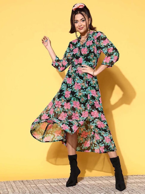 Melon by PlusS Black & Green Floral Printed A-Line Dress Price in India
