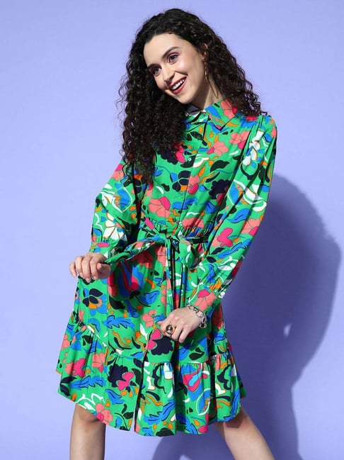 Melon by PlusS Green Floral Printed Shirt Dress Price in India