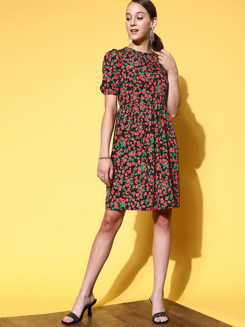 Melon by PlusS Black Floral Print A-Line Dress Price in India