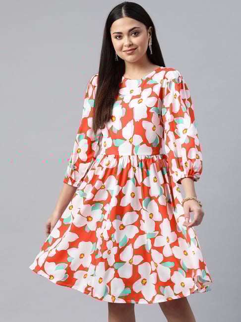 Melon by PlusS Orange & White Floral Print A-Line Dress-picture-21