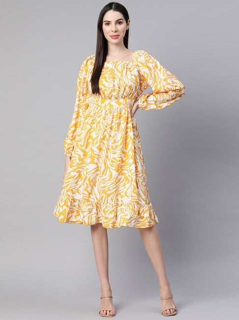 Melon by PlusS Mustard & White Printed A-Line Dress Price in India