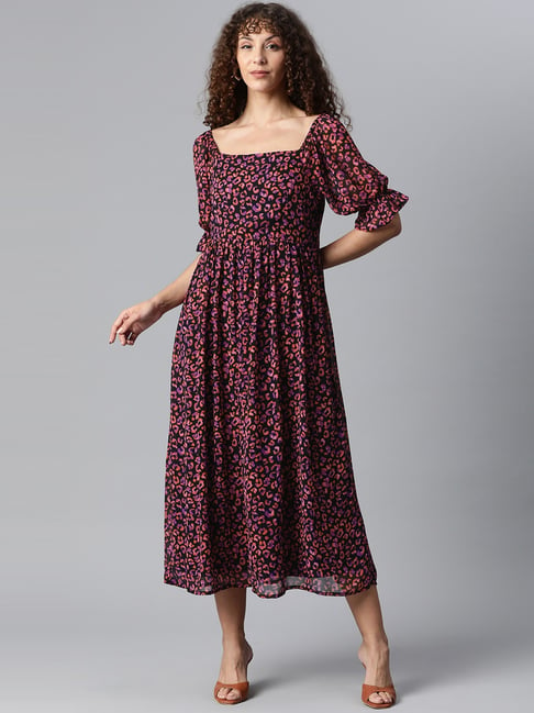 Melon by PlusS Black & Purple Printed A-Line Dress Price in India