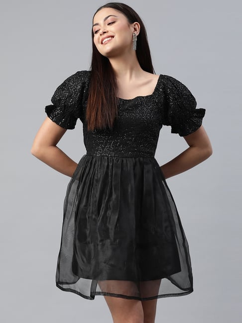 Melon by PlusS Black Embellished A-Line Dress Price in India