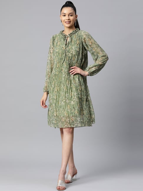 Melon by PlusS Green Floral Print A-Line Dress Price in India