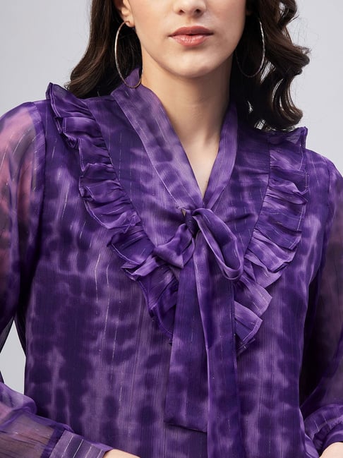 Buy Marie Claire Purple Tie Dye Tie-Up Neck Ruffles Top for