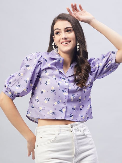 Buy Marie Claire Purple Floral Print Shirt Style Crop Top for