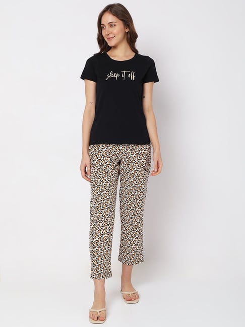 Vero Moda Intimates Black & White Cotton Graphic Print T-Shirt With Pyjamas-picture-27