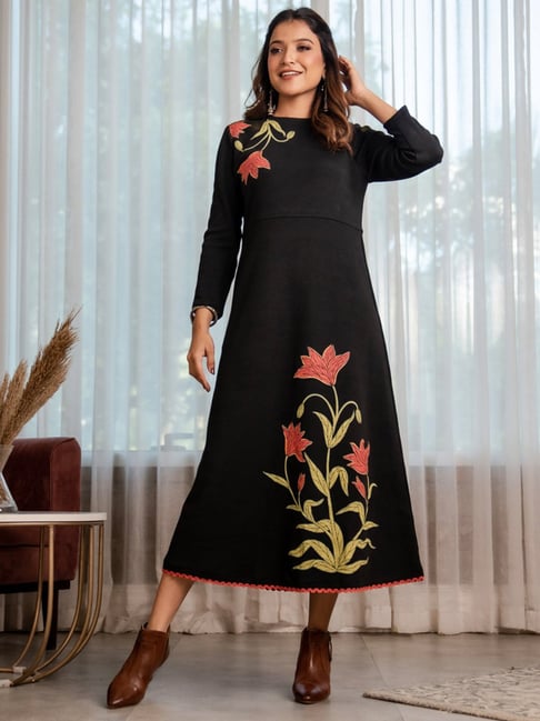 Rustorange Black Printed A-Line Dress Price in India