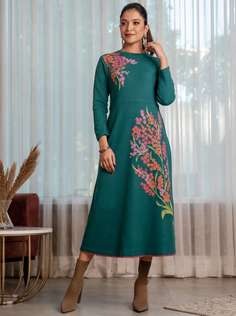 Rustorange Green Printed A-Line Dress Price in India