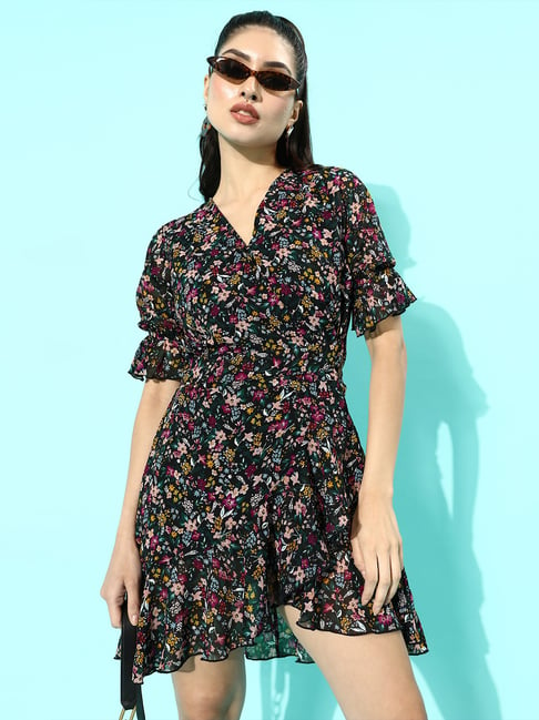 Melon by PlusS Black Floral Print A-Line Dress Price in India
