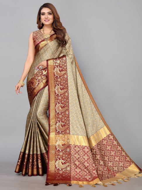 Satrani Beige Woven Saree With Unstitched Blouse Price in India