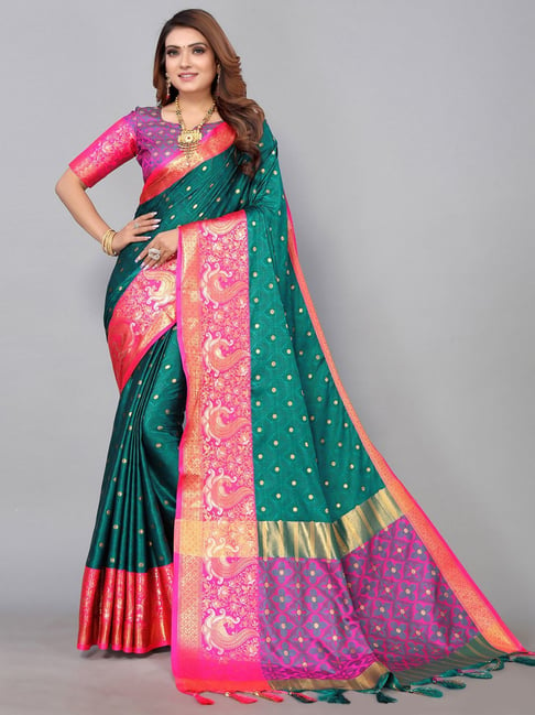 Satrani Green Woven Saree With Unstitched Blouse Price in India