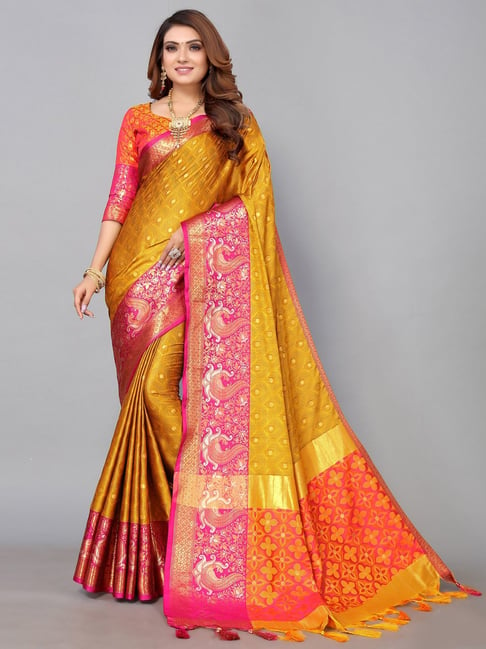 Satrani Mustard Woven Saree With Unstitched Blouse Price in India