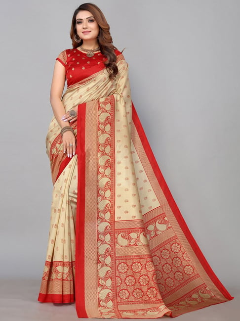 Satrani Beige Woven Saree With Unstitched Blouse Price in India