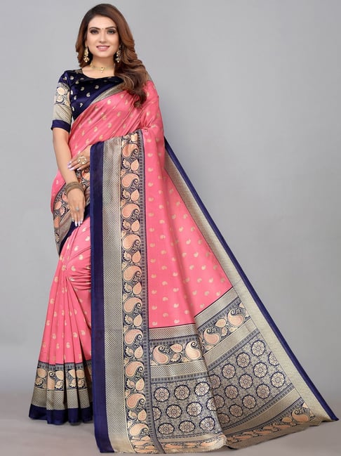 Satrani Pink Woven Saree With Unstitched Blouse Price in India