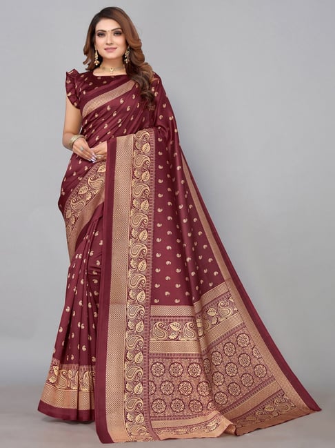 Satrani Maroon Woven Saree With Unstitched Blouse Price in India