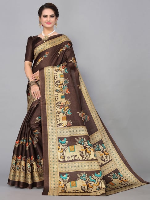 Satrani Brown Woven Saree With Unstitched Blouse Price in India