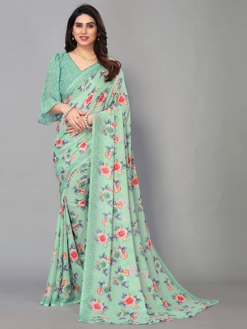 Satrani Mint Green Floral Print Saree With Unstitched Blouse Price in India