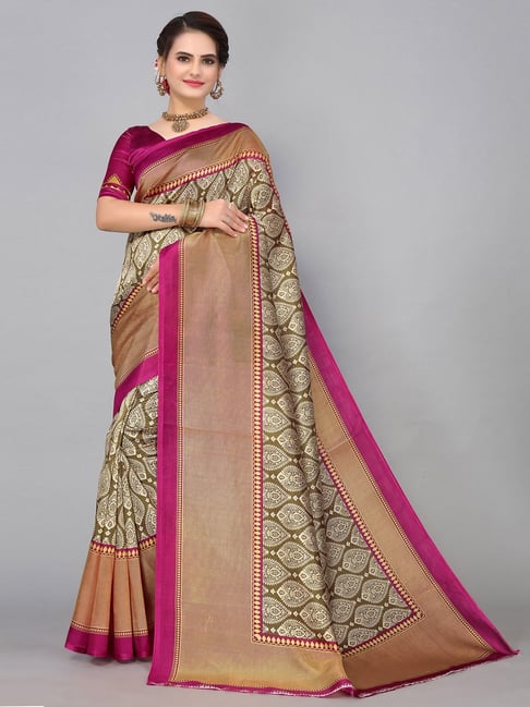 Satrani Beige Printed Saree With Unstitched Blouse Price in India