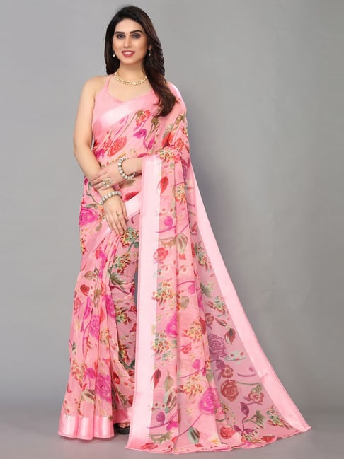 Satrani Pink Floral Print Saree With Unstitched Blouse Price in India