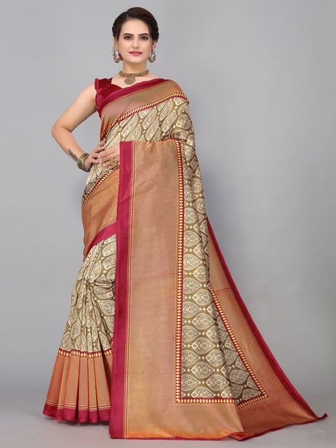 Satrani Beige Printed Saree With Unstitched Blouse Price in India