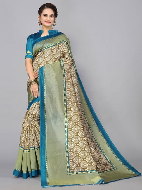 Satrani Beige Printed Saree With Unstitched Blouse Price in India