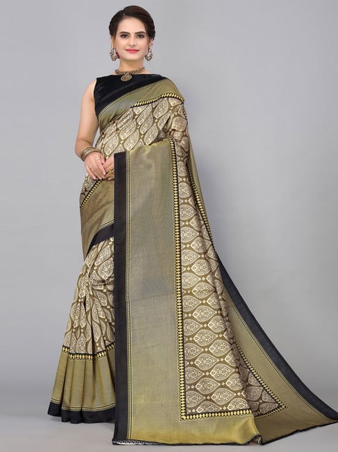 Satrani Beige Printed Saree With Unstitched Blouse Price in India