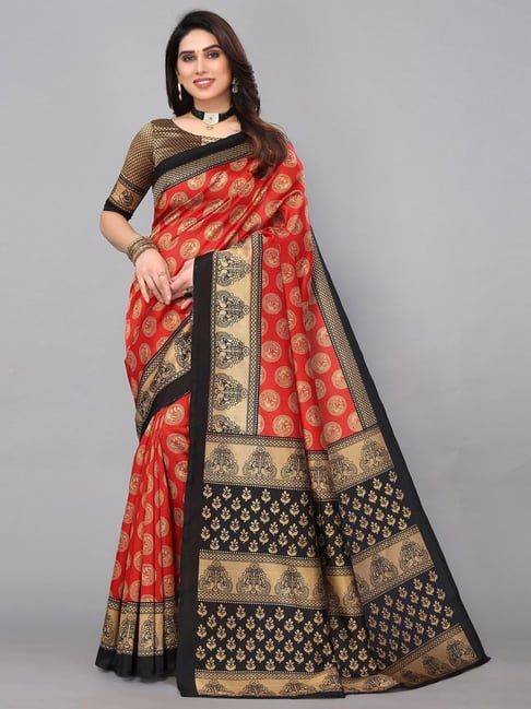 Satrani Red Woven Saree With Unstitched Blouse Price in India