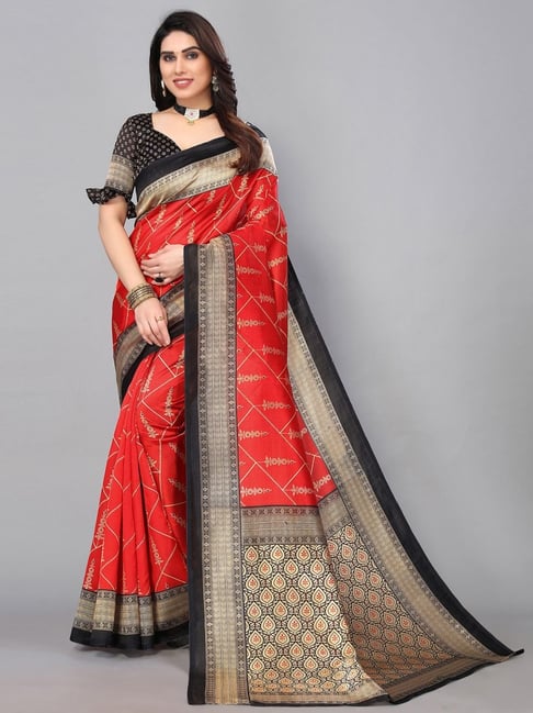 Satrani Red Woven Saree With Unstitched Blouse Price in India