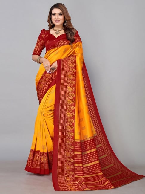 Silk Nylon Saree With Nylon Silk Blouse In Yellow With Red - Dmv15183
